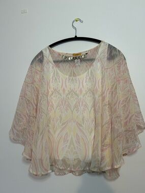 Ruby Rd. Pastel Pink and Cream Sheer Patterned Flutter Blouse